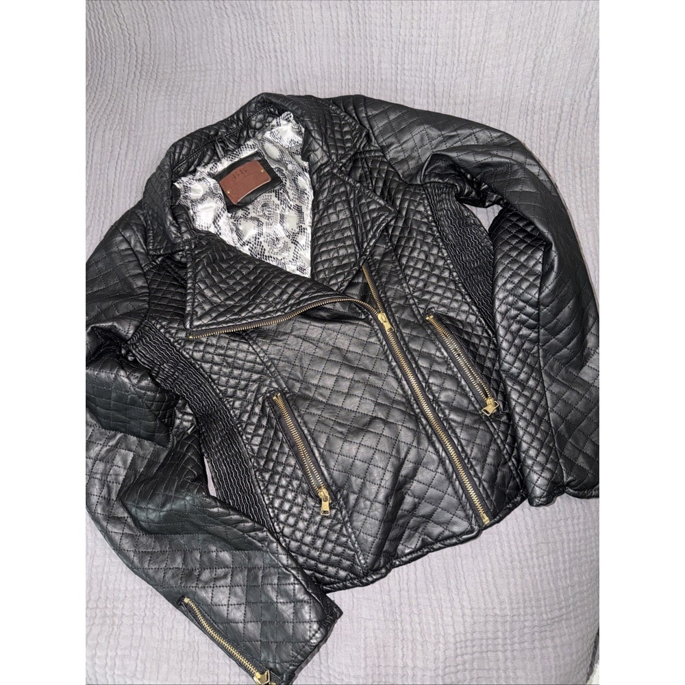 Vintage BB Winter Black Faux‎ Leather Quilted Moto Biker Punk Rock Gothic Jacket